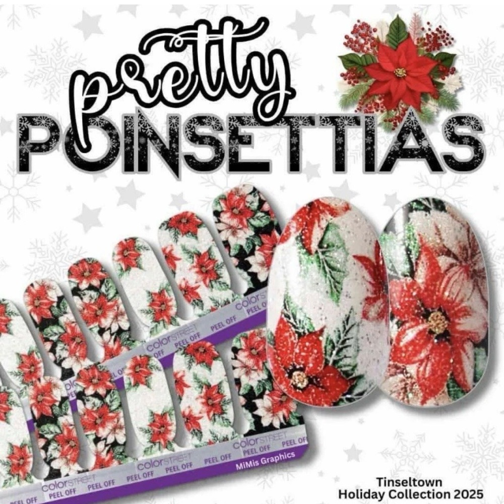 Color Street Pretty Poinsettias Red Green Gold Press-On Nail Strips